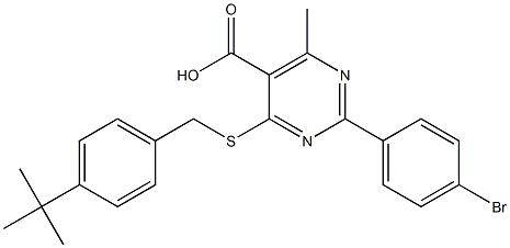 2-(4-Bromo-phenyl)-4-(4-tert-butyl-benzylsulfanyl)-6-methyl-pyrimidine-5-carboxylic acid Struktur