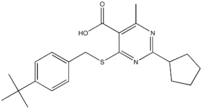 4-(4-tert-Butyl-benzylsulfanyl)-2-cyclopentyl-6-methyl-pyrimidine-5-carboxylic acid Struktur