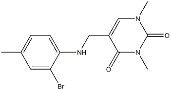 5-{[(2-bromo-4-methylphenyl)amino]methyl}-1,3-dimethyl-1,2,3,4-tetrahydropyrimidine-2,4-dione Struktur