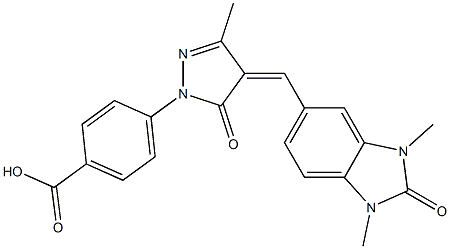 4-{4-[(1,3-dimethyl-2-oxo-2,3-dihydro-1H-benzimidazol-5-yl)methylene]-3-methyl-5-oxo-4,5-dihydro-1H-pyrazol-1-yl}benzoic acid Struktur