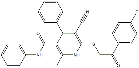 5-cyano-6-{[2-(4-fluorophenyl)-2-oxoethyl]sulfanyl}-2-methyl-N,4-diphenyl-1,4-dihydro-3-pyridinecarboxamide Struktur