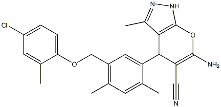 6-amino-4-{5-[(4-chloro-2-methylphenoxy)methyl]-2,4-dimethylphenyl}-3-methyl-1,4-dihydropyrano[2,3-c]pyrazole-5-carbonitrile Struktur