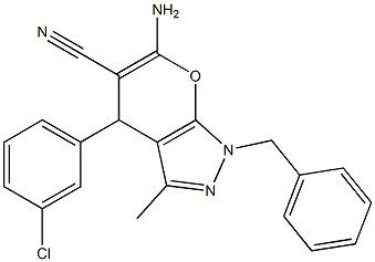 6-amino-4-(3-chlorophenyl)-3-methyl-1-(phenylmethyl)-1,4-dihydropyrano[2,3-c]pyrazole-5-carbonitrile Struktur