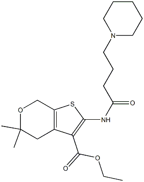 ethyl 5,5-dimethyl-2-{[4-(1-piperidinyl)butanoyl]amino}-4,7-dihydro-5H-thieno[2,3-c]pyran-3-carboxylate Struktur