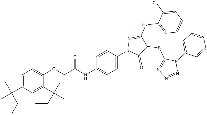 N-(4-{3-(2-chloroanilino)-5-oxo-4-[(1-phenyl-1H-tetraazol-5-yl)sulfanyl]-4,5-dihydro-1H-pyrazol-1-yl}phenyl)-2-(2,4-ditert-pentylphenoxy)acetamide Struktur