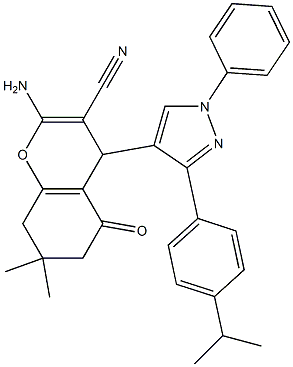 2-amino-4-[3-(4-isopropylphenyl)-1-phenyl-1H-pyrazol-4-yl]-7,7-dimethyl-5-oxo-5,6,7,8-tetrahydro-4H-chromene-3-carbonitrile Struktur