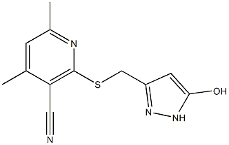 2-{[(5-hydroxy-1H-pyrazol-3-yl)methyl]sulfanyl}-4,6-dimethylnicotinonitrile Struktur