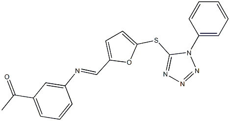 1-{3-[({5-[(1-phenyl-1H-tetraazol-5-yl)sulfanyl]-2-furyl}methylene)amino]phenyl}ethanone Struktur