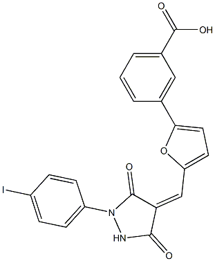 3-(5-{[1-(4-iodophenyl)-3,5-dioxo-4-pyrazolidinylidene]methyl}-2-furyl)benzoic acid Struktur