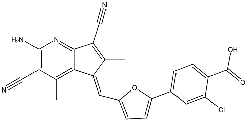 4-{5-[(2-amino-3,7-dicyano-4,6-dimethyl-5H-cyclopenta[b]pyridin-5-ylidene)methyl]-2-furyl}-2-chlorobenzoic acid Struktur