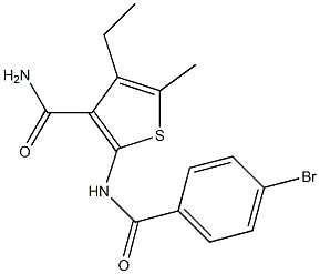 2-[(4-bromobenzoyl)amino]-4-ethyl-5-methyl-3-thiophenecarboxamide Struktur