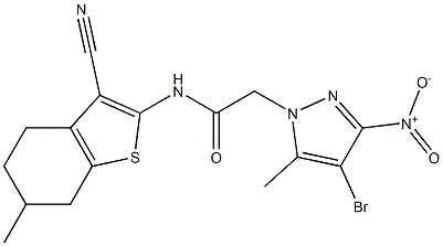 2-{4-bromo-3-nitro-5-methyl-1H-pyrazol-1-yl}-N-(3-cyano-6-methyl-4,5,6,7-tetrahydro-1-benzothien-2-yl)acetamide Struktur