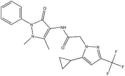 2-[5-cyclopropyl-3-(trifluoromethyl)-1H-pyrazol-1-yl]-N-(1,5-dimethyl-3-oxo-2-phenyl-2,3-dihydro-1H-pyrazol-4-yl)acetamide Struktur