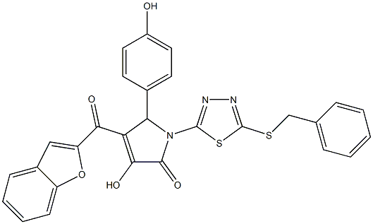 4-(1-benzofuran-2-ylcarbonyl)-1-[5-(benzylsulfanyl)-1,3,4-thiadiazol-2-yl]-3-hydroxy-5-(4-hydroxyphenyl)-1,5-dihydro-2H-pyrrol-2-one Struktur