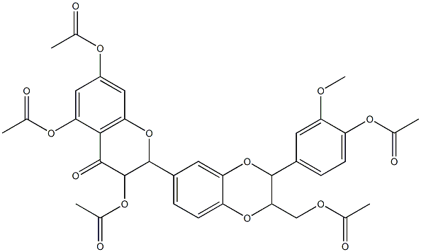 {3-[4-(acetyloxy)-3-methoxyphenyl]-6-[3,5,7-tris(acetyloxy)-4-oxo-3,4-dihydro-2H-chromen-2-yl]-2,3-dihydro-1,4-benzodioxin-2-yl}methyl acetate Struktur