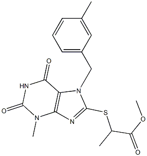 methyl 2-{[3-methyl-7-(3-methylbenzyl)-2,6-dioxo-2,3,6,7-tetrahydro-1H-purin-8-yl]sulfanyl}propanoate Struktur