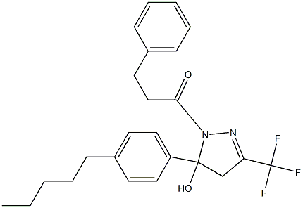 5-(4-pentylphenyl)-1-(3-phenylpropanoyl)-3-(trifluoromethyl)-4,5-dihydro-1H-pyrazol-5-ol Struktur