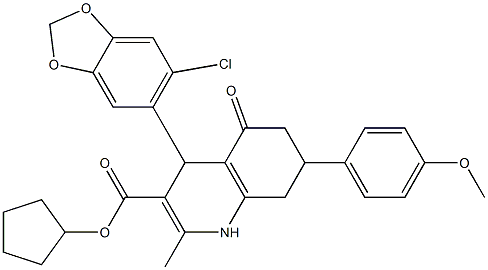 cyclopentyl 4-(6-chloro-1,3-benzodioxol-5-yl)-7-(4-methoxyphenyl)-2-methyl-5-oxo-1,4,5,6,7,8-hexahydro-3-quinolinecarboxylate Struktur