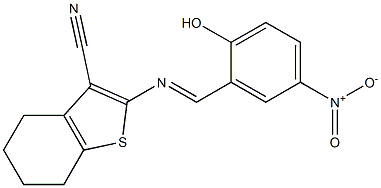 2-{[(E)-(2-hydroxy-5-nitrophenyl)methylidene]amino}-4,5,6,7-tetrahydro-1-benzothiophene-3-carbonitrile Struktur