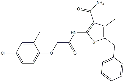 5-benzyl-2-{[2-(4-chloro-2-methylphenoxy)acetyl]amino}-4-methyl-3-thiophenecarboxamide Struktur