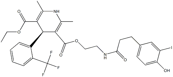 (4S)-1,4-Dihydro-2,6-dimethyl-4-[2-(trifluoromethyl)phenyl]pyridine-3,5-dicarboxylic acid 3-[2-[3-(4-hydroxy-3-iodophenyl)propanoylamino]ethyl]5-ethyl ester Struktur