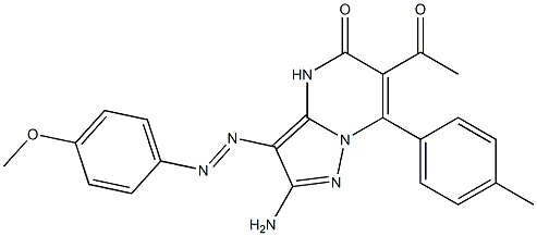 2-Amino-3-(4-methoxyphenylazo)-6-acetyl-7-(4-methylphenyl)pyrazolo[1,5-a]pyrimidin-5(4H)-one Struktur