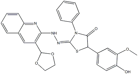 2-[2-[3-(1,3-Dioxolane-2-yl)quinoline-2-yl]hydrazono]-3-phenyl-5-(4-hydroxy-3-methoxyphenyl)thiazolidine-4-one Struktur