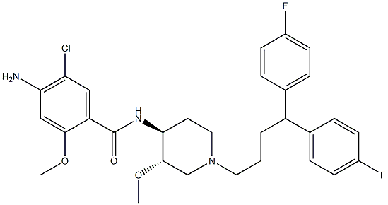 N-[(3S,4S)-3-Methoxy-1-[4,4-bis(4-fluorophenyl)butyl]piperidin-4-yl]-4-amino-5-chloro-2-methoxybenzamide Struktur