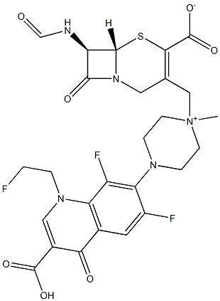 (7R)-7-Formylamino-3-[[4-[[3-carboxy-6,8-difluoro-1-(2-fluoroethyl)-1,4-dihydro-4-oxoquinolin]-7-yl]-1-methylpiperazinium]-1-ylmethyl]cepham-3-ene-4-carboxylate Struktur