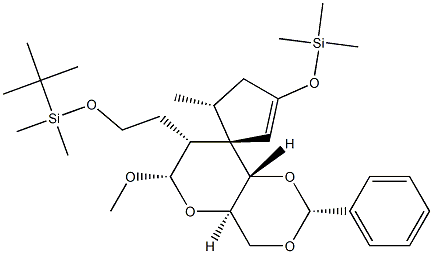 (2R,4aR,5'R,6S,7R,8R,8aS)-4,4a,6,7,8,8a-Hexahydro-5'-methyl-6-methoxy-2-phenyl-7-[2-[tert-butyldimethylsilyloxy]ethyl]-3'-(trimethylsilyloxy)spiro[pyrano[3,2-d]-1,3-dioxin-8,1'-cyclopentan]-2'-ene Struktur