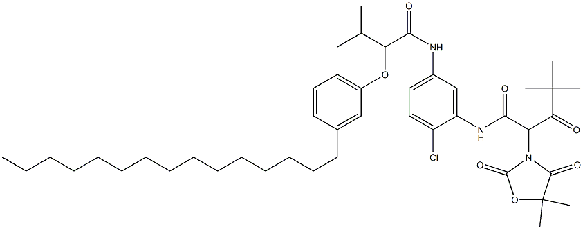 3-Oxo-2-(5,5-dimethyl-2,4-dioxooxazolidin-3-yl)-4,4-dimethyl-N-[2-chloro-5-[3-methyl-2-(3-pentadecylphenoxy)butanoylamino]phenyl]pentanamide Struktur