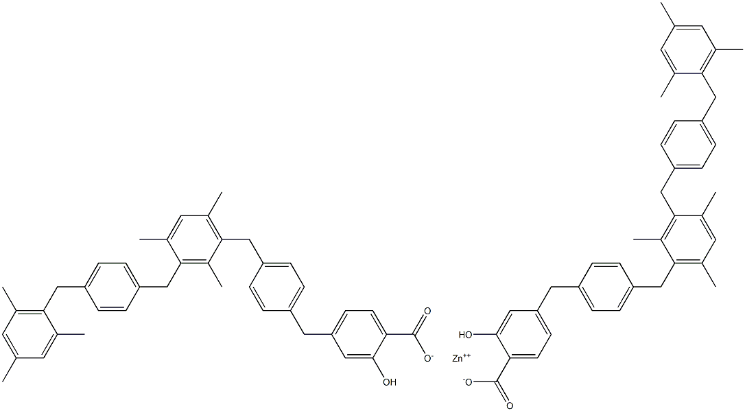 Bis[4-[4-[3-[4-(mesitylmethyl)benzyl]-2,4,6-trimethylbenzyl]benzyl]salicylic acid]zinc salt Struktur