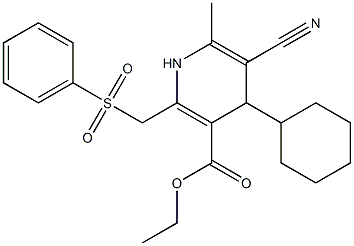 5-Cyano-1,4-dihydro-6-methyl-2-[phenylsulfonylmethyl]-4-cyclohexylpyridine-3-carboxylic acid ethyl ester Struktur