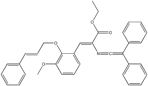 (Z)-2-[[2-(Phenyl)-2-phenylethenylidene]amino]-3-[3-methoxy-2-[[(E)-3-phenyl-2-propenyl]oxy]phenyl]acrylic acid ethyl ester Struktur