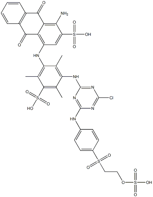 1-Amino-4-[3-[[4-chloro-6-[4-[[2-(sulfooxy)ethyl]sulfonyl]anilino]-1,3,5-triazin-2-yl]amino]-2,4,6-trimethyl-5-sulfoanilino]-9,10-dihydro-9,10-dioxo-2-anthracenesulfonic acid Struktur