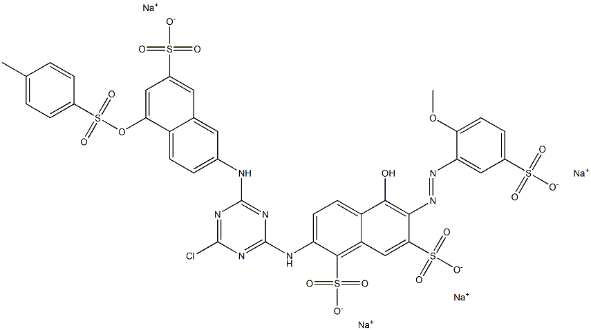 2-[4-Chloro-6-[7-sulfo-5-(4-methylphenylsulfonyloxy)-2-naphtylamino]-1,3,5-triazin-2-ylamino]-5-hydroxy-6-(2-methoxy-5-sulfophenylazo)-1,7-naphthalenedisulfonic acid tetrasodium salt Struktur