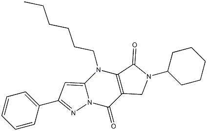 6-Cyclohexyl-6,7-dihydro-4-hexyl-2-phenyl-4H-1,4,6,8a-tetraaza-s-indacene-5,8-dione Struktur