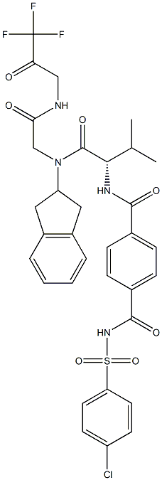 N-[(1S)-1-[[[(2,3-Dihydro-1H-inden)-2-yl][[(2-oxo-3,3,3-trifluoropropyl)carbamoyl]methyl]amino]carbonyl]-2-methylpropyl]-N'-[(4-chlorophenyl)sulfonyl]terephthalamide Struktur