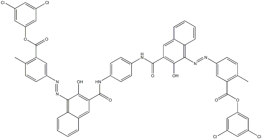 1,4-Bis[1-[[4-methyl-5-(3,5-dichlorophenoxycarbonyl)phenyl]azo]-2-hydroxy-3-naphthoylamino]benzene Struktur