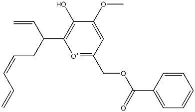 3-Hydroxy-4-methoxy-6-(benzoyloxymethyl)-2-[(3Z)-1-ethenyl-3,5-hexadienyl]pyrylium Struktur