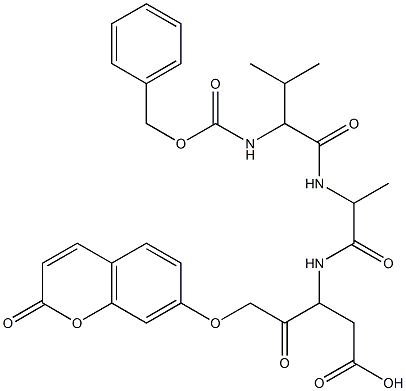 3-(2-(2-benzyloxycarbonylamino-3-methylbutyrylamino)proionylamino)-4-oxo-5-(2-oxo-2H-chromen-7-yloxy)pentanoic acid Struktur