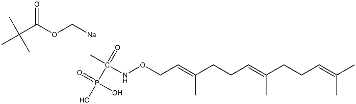 2-(2-oxo-2-((3,7,11-trimethyl-2,6,10-dodecatrienyl)oxy)aminoethyl)phosphonic acid, (2,2-dimethyl-1-oxopropoxy)methyl ester sodium Struktur