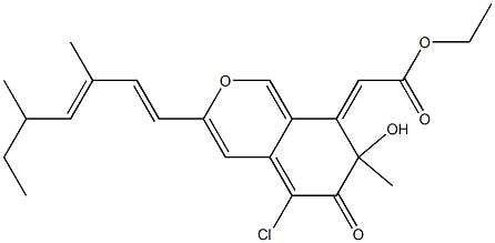 5-chloro-3-(3,5-dimethyl-1,3-heptadienyl)-7-hydroxy-7-methyl-8-(ethoxycarbonylmethyliden)-6H-2-benzopyran-6-one Struktur