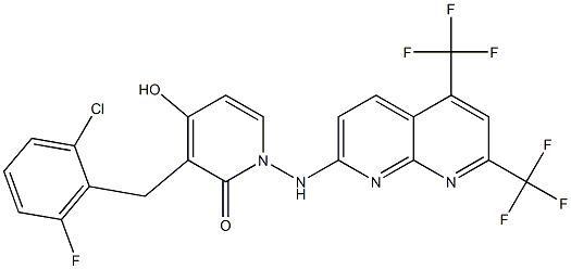 1-{[5,7-bis(trifluoromethyl)[1,8]naphthyridin-2-yl]amino}-3-(2-chloro-6-fluorobenzyl)-4-hydroxy-2(1H)-pyridinone Struktur