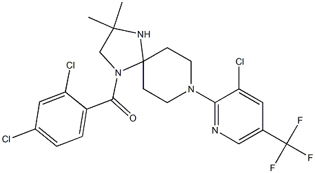 {8-[3-chloro-5-(trifluoromethyl)-2-pyridinyl]-3,3-dimethyl-1,4,8-triazaspiro[4.5]dec-1-yl}(2,4-dichlorophenyl)methanone Struktur