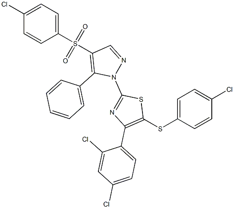 4-chlorophenyl 1-[5-[(4-chlorophenyl)sulfanyl]-4-(2,4-dichlorophenyl)-1,3-thiazol-2-yl]-5-phenyl-1H-pyrazol-4-yl sulfone Struktur