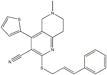 6-methyl-2-{[(E)-3-phenyl-2-propenyl]sulfanyl}-4-(2-thienyl)-5,6,7,8-tetrahydro[1,6]naphthyridine-3-carbonitrile Struktur