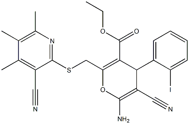 ethyl 6-amino-5-cyano-2-{[(3-cyano-4,5,6-trimethyl-2-pyridinyl)sulfanyl]methyl}-4-(2-iodophenyl)-4H-pyran-3-carboxylate Struktur