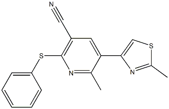 6-methyl-5-(2-methyl-1,3-thiazol-4-yl)-2-(phenylthio)nicotinonitrile Struktur