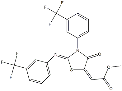 methyl 2-(4-oxo-3-[3-(trifluoromethyl)phenyl]-2-{[3-(trifluoromethyl)phenyl]imino}-1,3-thiazolan-5-yliden)acetate Struktur